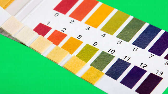 Close-up of pH test strips showing a colorful scale for measuring acidity and alkalinity.