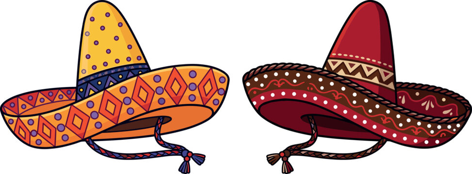 Traditional yellow and red Mexican sombrero hats with colorful patterns and chin strap vector illustration isolated on white background for Cinco de Mayo fiesta party flyer design
