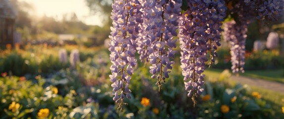 Delicate wisteria clusters trailing through a blooming garden panorama