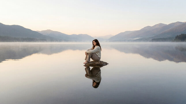 Woman sitting on lake