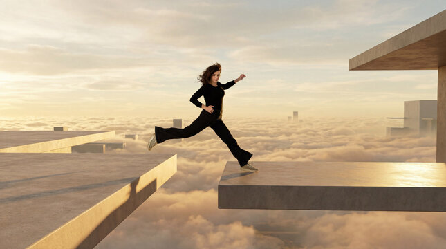 Woman running above clouds