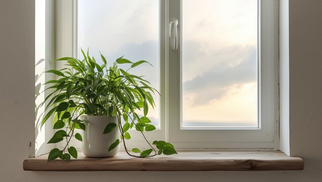Green houseplant resting on a windowsill inside with white wall d&Atilde;&copy;cor and a cloudy sky scene visible through the window