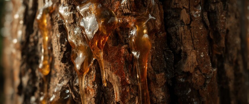 Close up shot of transparent sticky resin dripping down tree trunk with artistic abstract backdrop