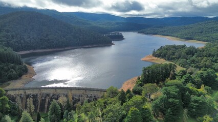 Naklejka premium Maroondah dam reservoir and surrounding yarra ranges forest