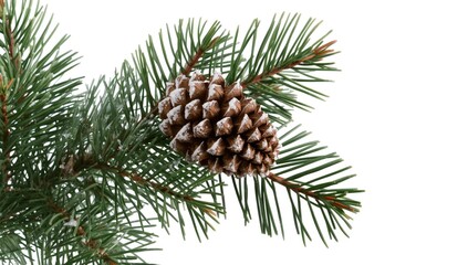 Fototapeta premium Evergreen twigs holding a pine cone with frosted edges isolated against white background