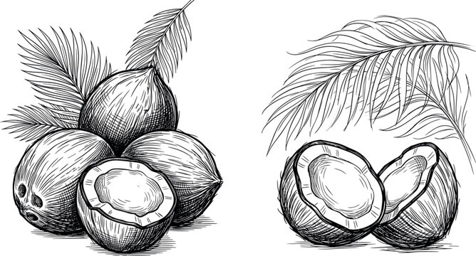 Hand drawn coconut fruit cluster and tropical palm leaves vintage engraved style sketch vector illustration isolated on white background for organic cosmetic product packaging design