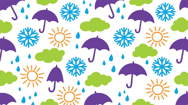Seamless weather pattern vector illustration with colorful cartoon sun umbrella snowflake cloud and rain drops icons isolated on white background textile backdrop design