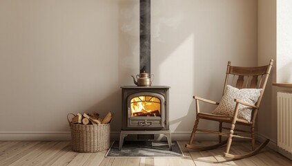 Obraz premium Cozy living room corner with a metal coffeepot heating on a Scandinavian wood stove, complemented by a box of firewood and an old rocking chair