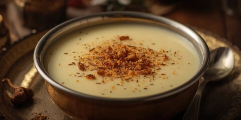 Obraz premium Creamy ravyacha shira semolina dessert served during Indian religious events