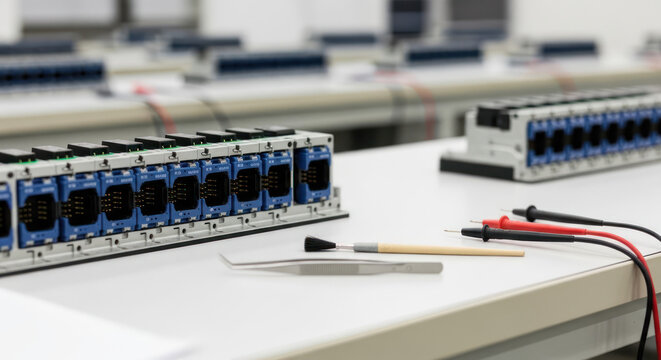Electronics Testing Components on a Lab Workbench with Tools