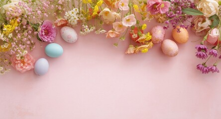 Obraz premium Easter spring flower backdrop with decorative eggs and copy space from overhead view