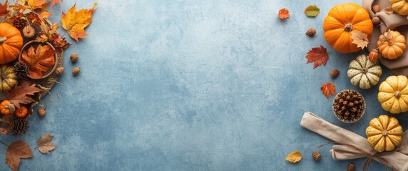 Obraz premium Cozy Thanksgiving autumn table setting with decorative items on blue background