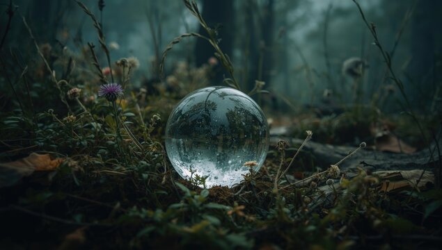 Crystal ball imbued with mystical charm placed amid wild herb patches and flower blooms in forest