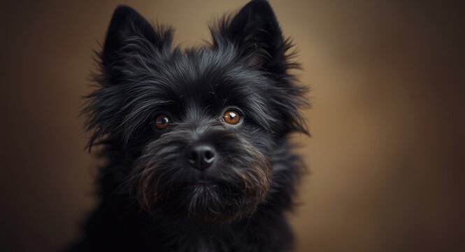Close up portrait of a Schipperke dog with a softly blurred background
