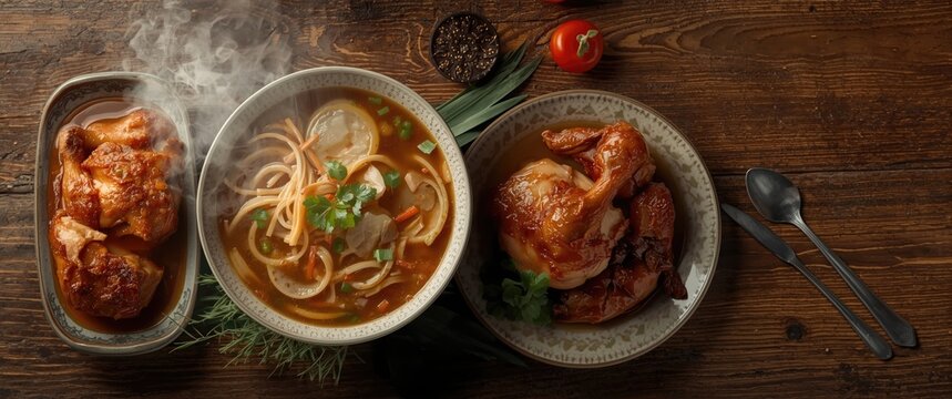 Filipino cuisine dinner presentation with hot sinigang broth lechon kawali pork belly and tender chicken adobo top view