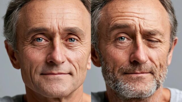 Split portrait of a middle-aged man, one side healthy and alert, the other showing myasthenia gravis symptoms with a drooping eyelid and facial weakness.