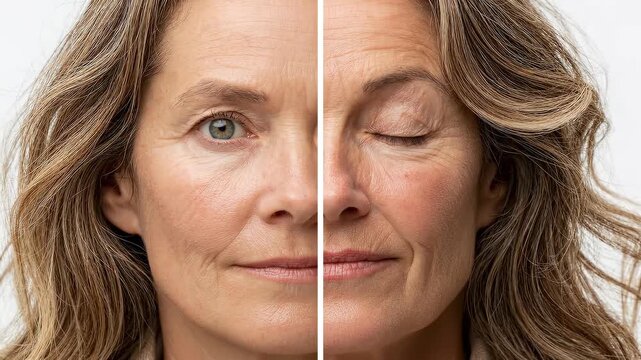 Medical video showing a side-by-side comparison of the same middle-aged woman on a clean white background: one side healthy with alert eyes and confident posture, the other showing symptoms 