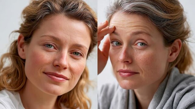 Medical video of a young woman in a symmetrical split view, one side healthy and vibrant, the other showing myasthenia gravis with a drooping eyelid.