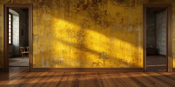 Detailed yellow wall texture with multi stain effects and complementary wood floor colors