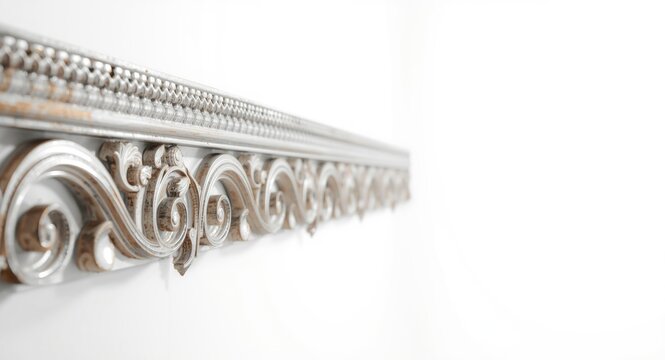 Decorative steel frieze with elegant design on clean white backdrop featuring ample copy space