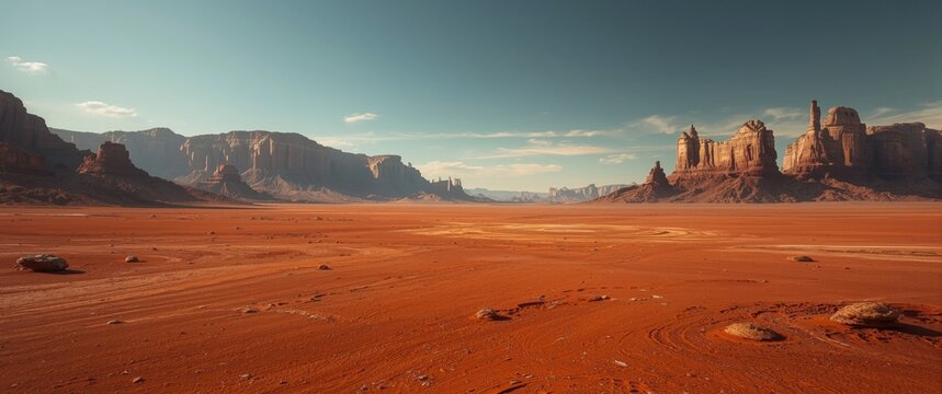 Desolate red dirt desert under expansive ancient mountain scenery on imagined new planet