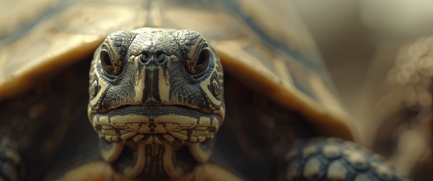 Close up view of a turtle's head highlighting its eyes and beak with intricate shell details
