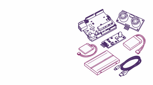 Isometric vector illustration of electronic components including a microcontroller board ultrasonic sensor battery and connection cables on white background