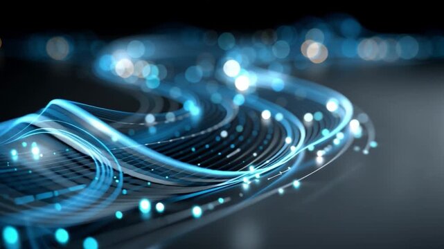 Abstract Blue Light Stream: An abstract, flowing stream of blue light trails across a dark background, punctuated by shimmering particles, evoking a sense of speed, data, or energy.