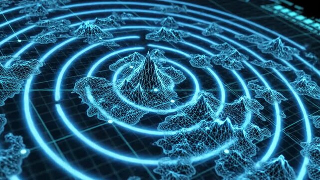 Radar interface displaying topographical mountain ranges provides a tactical digital overview for strategic planning and navigation within advanced military or aerospace monitoring systems.