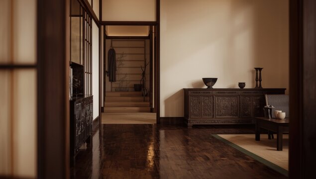 Elegant Japanese living area with parquet floors and wooden dresser decor