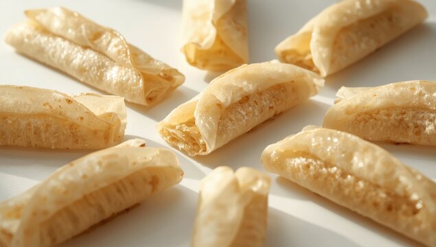 Egg roll style Kue Semprong sweet crepes arranged on bright white background