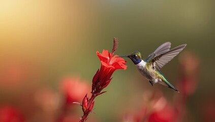 Naklejka premium Green and blue hummingbird playing near a freshly bloomed scarlet flower