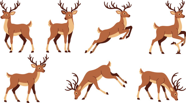 Brown deer icon set vector illustration isolated on white background flat cartoon style reindeer with antlers in different running jumping and grazing poses