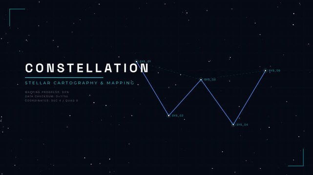 Modern digital interface displaying 'CONSTELLATION' text and abstract data visualization on a dark, starry background, representing advanced cybersecurity and analytics concepts in a futuristic