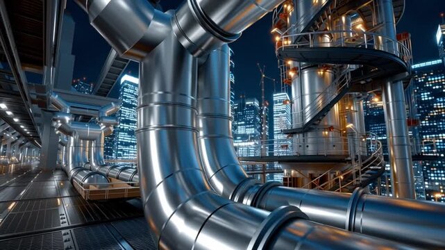 Industrial Piping Network at Night: A complex network of gleaming industrial pipes and machinery is illuminated against the backdrop of a futuristic city skyline at dusk.