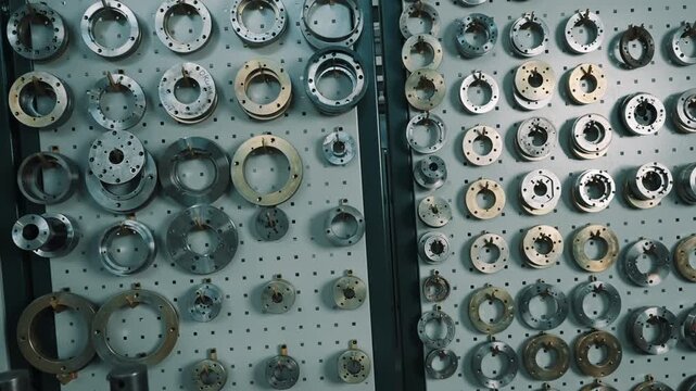Workshop pegboard displaying machined metal rings, flanges, spacers, and bushings in varying sizes and finishes, neatly arranged for precision tooling and quick access