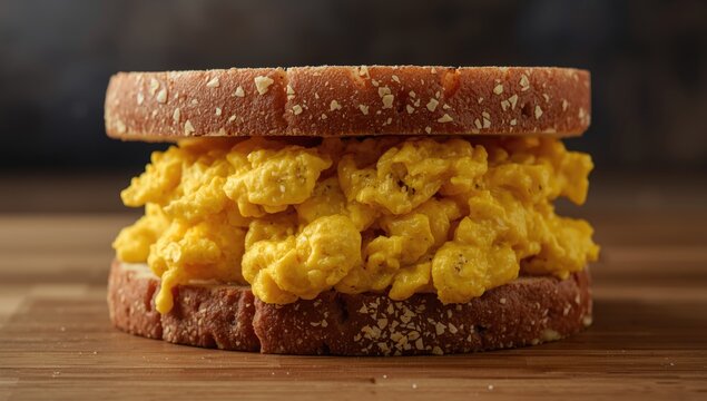 Golden scrambled eggs stacked inside a freshly made sandwich