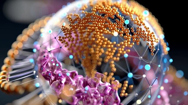 Abstract Brain Network: A detailed 3D render depicting the intricate connections and neural pathways within a stylized human brain, illustrating complex thought processes and cognitive function.