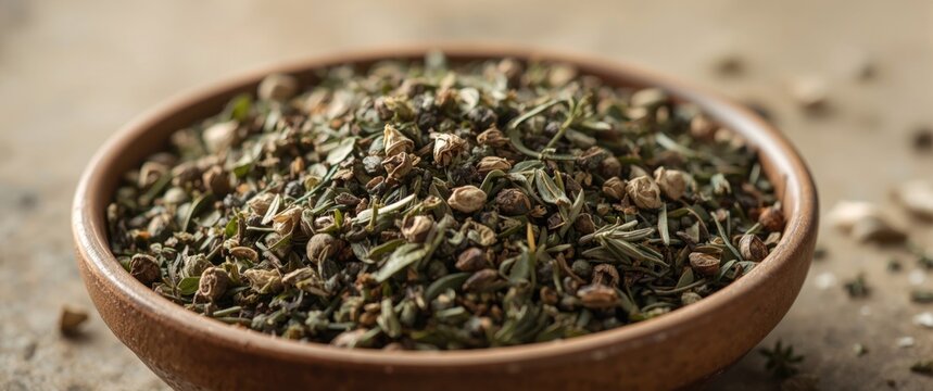 Collection of crushed and whole dried culinary herbs including thyme marjoram oregano and rosemary