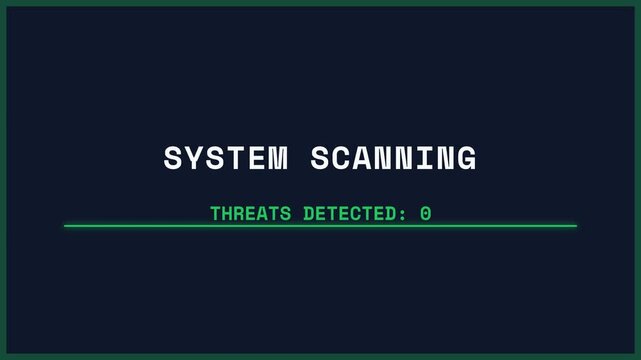 Digital display showing a system scanning process with zero threats detected, indicating a secure computer interface and successful cybersecurity operation on a dark screen