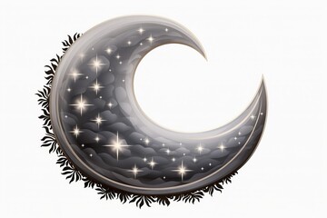 Obraz premium Crescent moon showing a night sky with shiny stars and ornate floral elements