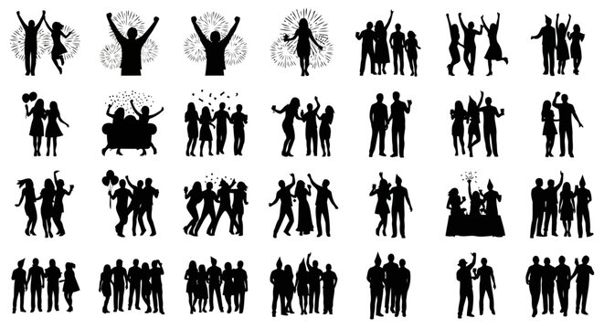 Silhouettes depict groups celebrating events.