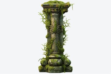 Naklejka premium Ancient stone pillar standing covered in vibrant moss and creeping vines