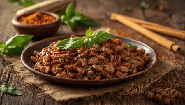 Cooked minced pork tossed with basil and a medley of warming spices