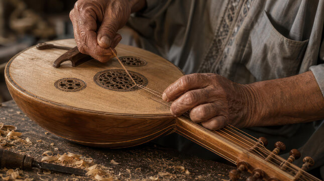 Crafting an Oud Skilled Hands Making a Traditional Instrument.
