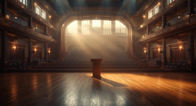 Empty theatre stage with morning sunlight blurred background suitable for seminar or TED talk event