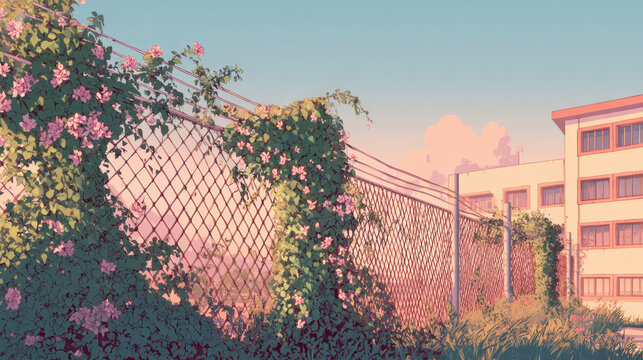 Nature's Embrace: Delicate pink blossoms intertwine with a chain-link fence, a testament to nature's resilience, as a modest building stands in the background under a soft, pastel sky.
