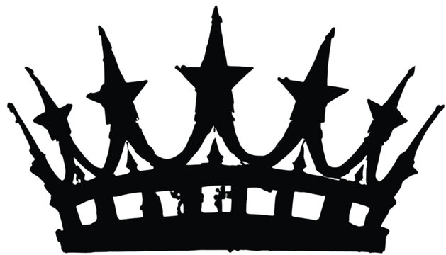 Crown silhouette features five prominent points topped with stars in a bold black graphic design that serves as a regal element for branding, editorial layouts, or festive event invitations.
