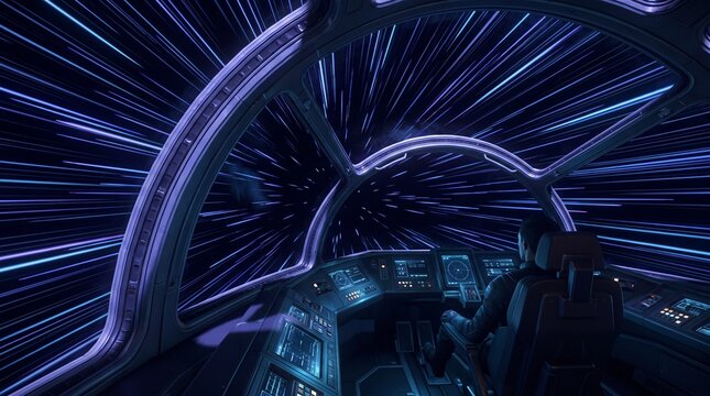 Pilot navigating through a vibrant, streaking hyperspace tunnel, futuristic journey ahead.