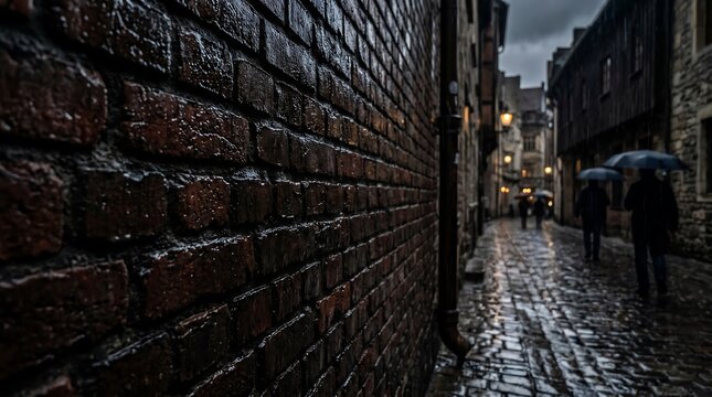Wet brick wall in rainy historic European alleyway